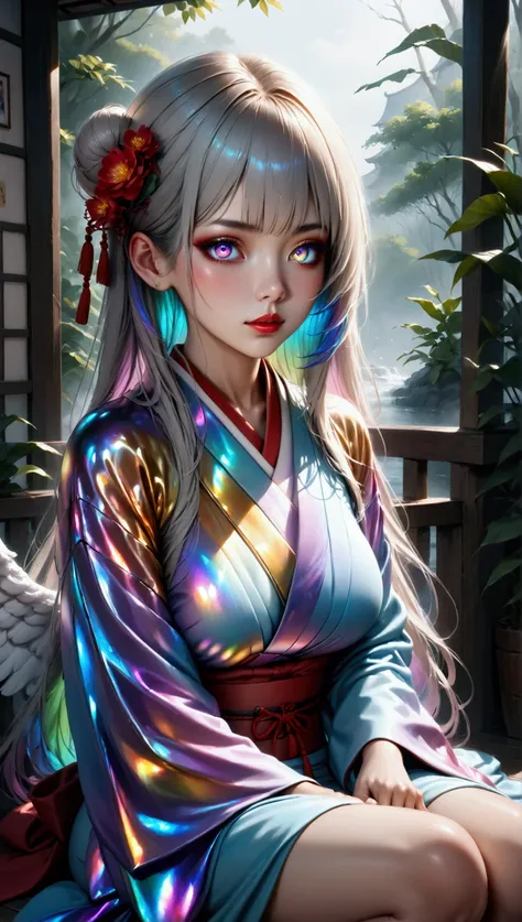 (masterpiece, aesthetic, detailed eyes, realistic), 1girl, mahiru shiina, angel next door spoils me rotten, Long smooth straight grey hair, inner iridescent hair, iridescent eyes, large bust, large hips, slim waist, sitting in kimono, super detail, best qu...