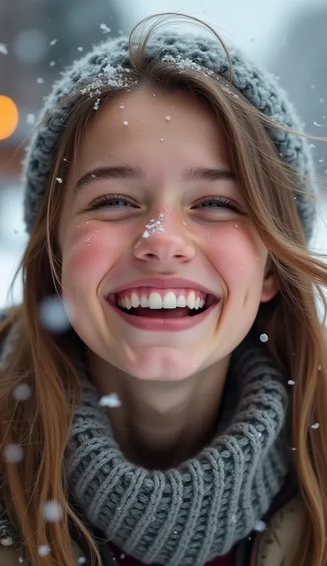 A close-up of a young woman laughing joyfully in snowy Christmas