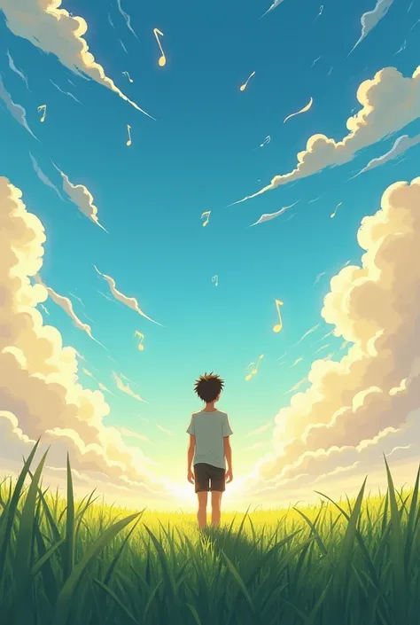 alone teen boy walking on the grass flieds seeing sun with a clear sky and colorful clouds shaped like musical notes