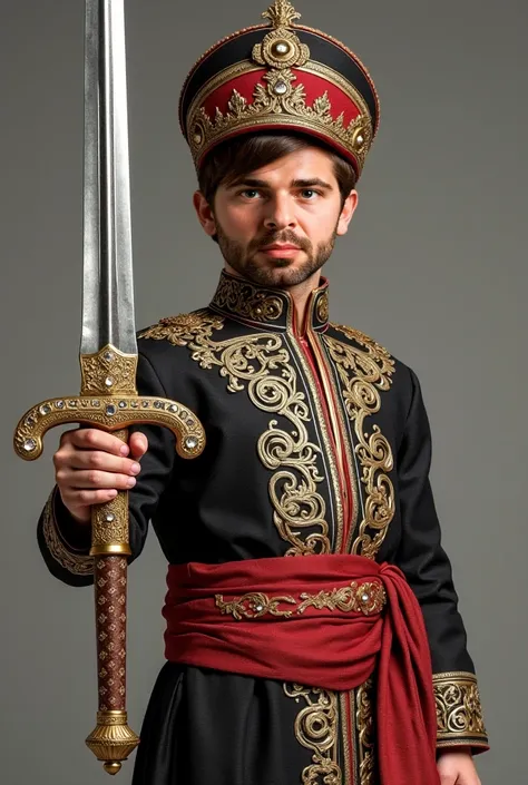 A boy wearing an old Ottoman uniform holding an Ottoman sword in his hand 