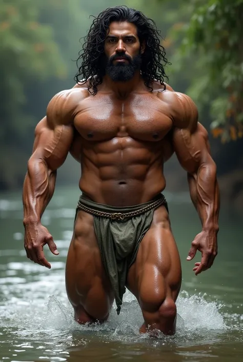  A muscular Arab man with long, curly black hair. naked. Muscular legs and big feet. Wet . realistic.