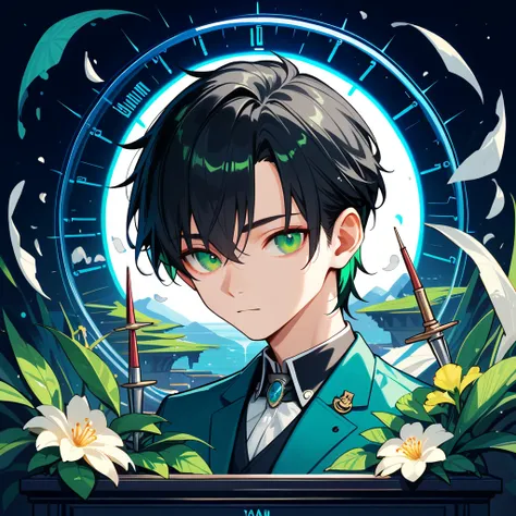 score_9, score_8_ up, score_7_ up,((8k)),source_anime,1boy,university student,(((Alone))),  Stable ,Xiucai,BREAK black hair short,Dark sea blue inner color, mint green eyes,Clothes that are snappy,#375752,#5A9E8F,#D1E8E2 