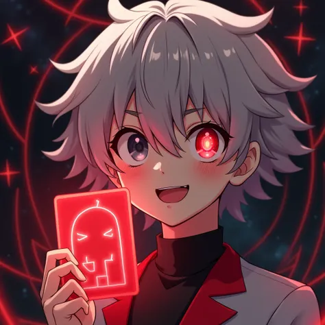 (RPG) Anime boy, Holding medium card As in side face. The eyes different from each other, the right is red like a demon eyes while the left is a human eye with color grey. Its hair is fluffy and a little straight. The face is an anime that is serious, insp...