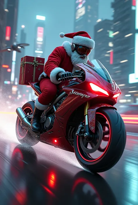 sci-fi santa with gifts racing motorcycle