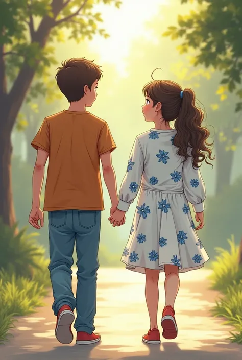 The girl and the boy are on their way home after the classes. The girl is shorter than the boy. The girl is wearing a  pony tail. The girl is wearing a long sleeve white dress with blue flowers. The boy is wearing a long-sleeved t-shirt and long pants. The...