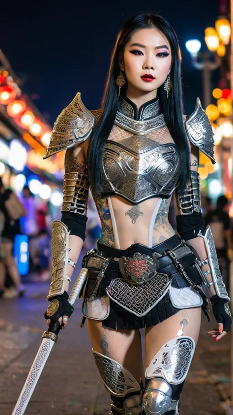 The photo shows a beautiful 20-year-old Asian model of Thai-Japanese descent, with porcelain white skin, high-end makeup, warrior costume with shiny and sturdy metal mesh armor details, tattooed body, she is walking towards the camera, the background is a ...