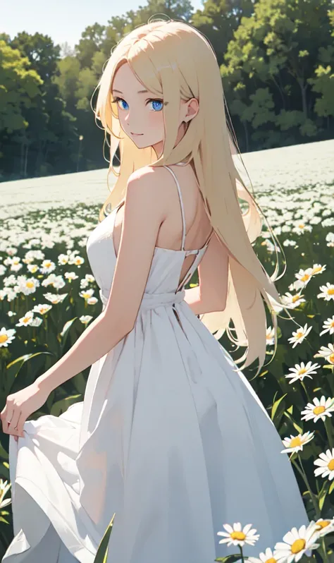 1girl,in a field of flowers,white flower,looking at viewer,blue eyes,blonde hair,daisy,long hair,pure white dress,