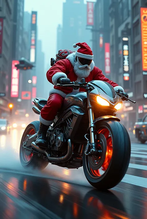 sci-fi santa with gifts racing stunt motorcycle