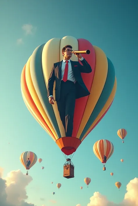 A scene of hot air balloons floating in a clear blue sky with a few light clouds. In the foreground, the largest and most detailed balloon features an elegant executive wearing a formal suit, looking ahead through a telescope, symbolizing vision and strate...