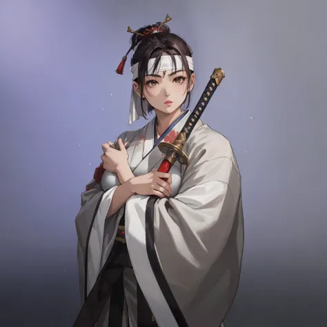 masterpiece, best quality, ultra-detailed, high resolution, detailed cool lady, 24yo, ancient Japanese costume, large breasts, headband, holding sword, V-shaped eyebrows, side lighting