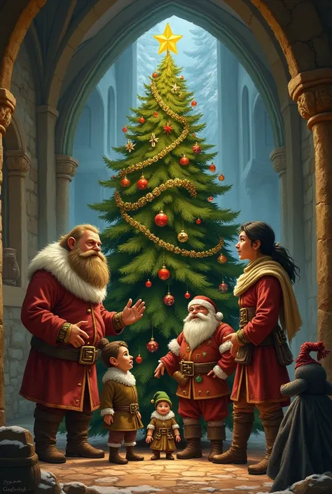  A Christmas tree,  medieval style ,  a small man with hairy feet ,  another man with a beard and wide shoulders very low,  two black-haired elves ,  a tall blond man , And an elf  