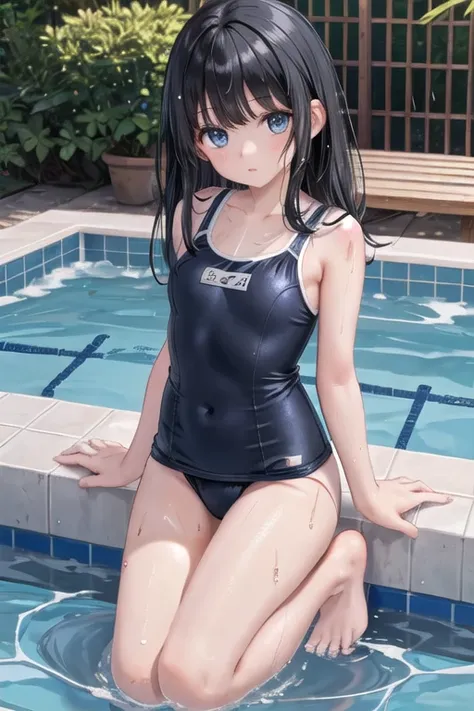   Very Cute Grandpa,
  black hair, With bangs,   Princess Cut  ,   blue eyes,   flat chest, School Swimsuit,   wet body,   wet hair,
summer,   school pool,   sitting,  Kneeling Alone  ,   One Girl  ,
break.
(masterpiece, top quality,   superdetail)
<  Laur...