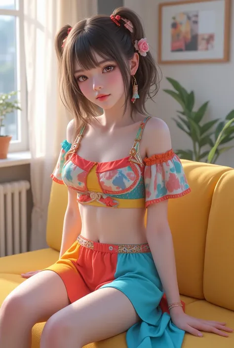 A Japanese cute  girl s  girl equip multi colour short top and multi colour skirts shut down in sofa spreading legs full body angle realistic photo 8k HD quality