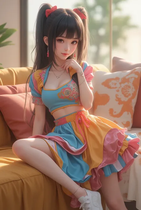 A Japanese cute  girl s  girl equip multi colour short top and multi colour skirts shut down in sofa spreading legs full body angle realistic photo 8k HD quality