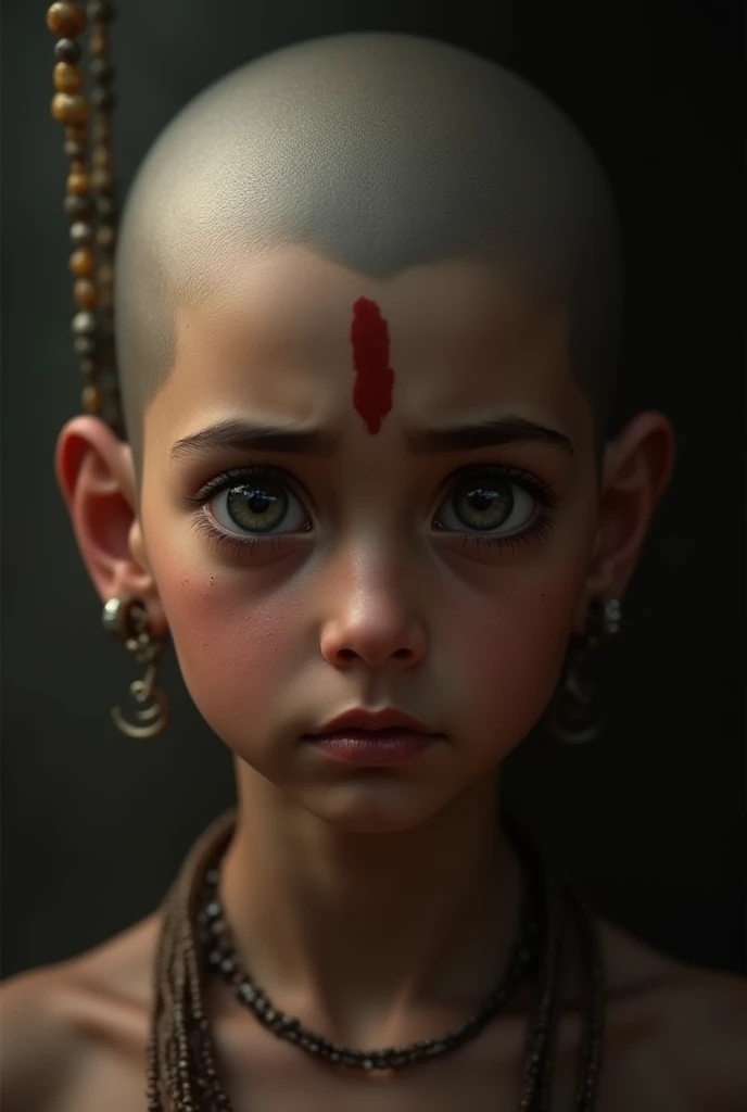 young boy, bald headed, wearing a bead ornaments, fair skin, a red tilak on forehead, adolescent age, sad face, looking down with sadness, close view of him from head 