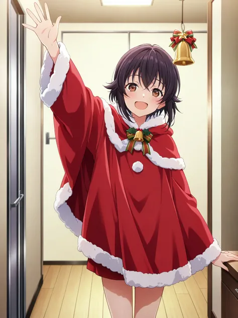 score_9, score_8_up, score_7_up,  source_anime, masterpiece, best quality, anime screencap,source_anime, anatomically correct,
Red Cloak and Bells,santa costume,1girl,solo,waving,smile