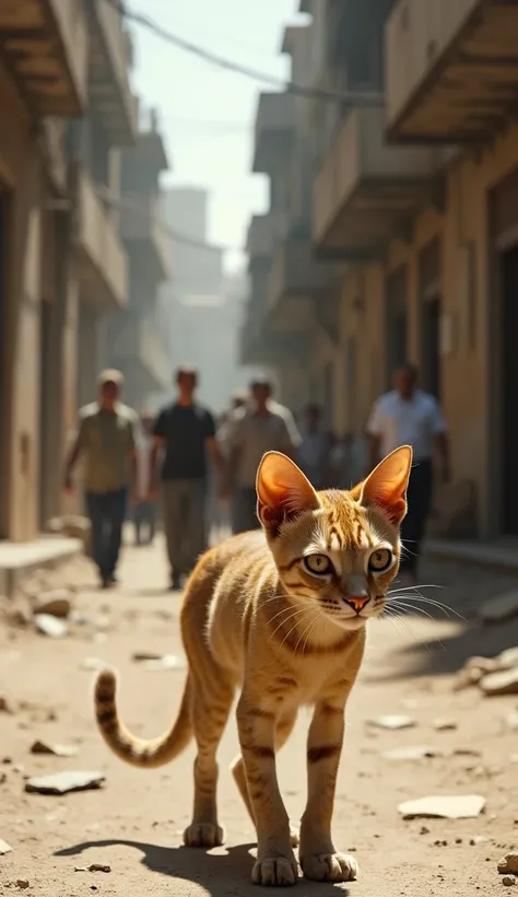  A hype realistic cinematic scene of a  brown small cat, , with visible ribs, patches of missing fur, and cracked hooves, wandering aimlessly on a dusty urban street. The cats large, tired eyes glisten with despair under the harsh sunlight. Its thin frame ...