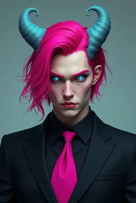 Bright dark pink haired man with bright blue eyes slightly long hind hair has cyan-coloured antennae and wears a black suit and dark pink colour tie