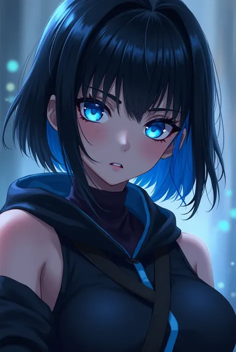 A demon slayer. girl with short hair which only reaches till her shoulder. Her hair is black and has blue ends. Has a blue eyes like the character muichiro tokito. Anime style. She has bangs like muichiro