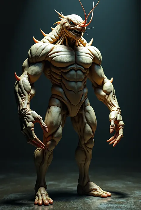 A muscular humanoid with shrimp-like features, combining a human torso and legs with the head, claws, and antennae of a shrimp. Hyperrealistic style, detailed anatomy, cinematic lighting.