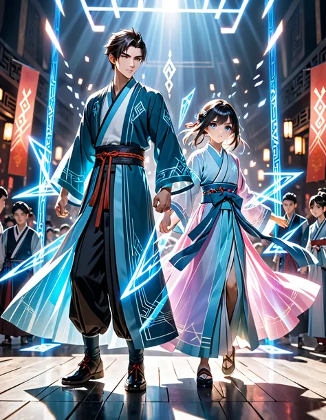 A handsome Chinese boy and girl competition, full body, combat posture, sharp eyes, clear facial features, wearing Hanfu, runes around, holographic reality, motion blur, game light effects, edge light, soft light, movie edge light, delicate light