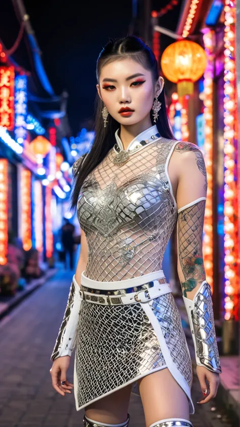 The photo shows a beautiful 20-year-old Asian model of Thai-Japanese descent, with porcelain white skin, high-end makeup, a warrior dress with shiny and sturdy metal mesh details, and a tattooed body, walking towards the camera, against the backdrop of a m...