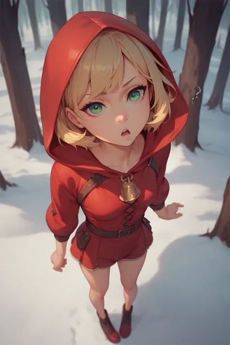 1girl, Small Figure, Short Hair, Blonde Hair, Small Breasts, Green Eyes, Confused, Curious, Looking at Viewer, Open Mouth, Wearing a Red Dress and Red Hood, Innocent Face, Standing, Set in a Forest During Winter.