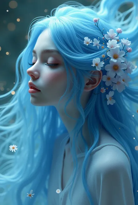  with blue hair ,  fantasy art style ,  surreal figurative language style ,  fine stripes , mysterious ,  translucent skin ,  long hair adorned with flowers ,  close your eyes ,  dream expression ,  surrounded by shining light particles, 32K,  3d model ,  ...