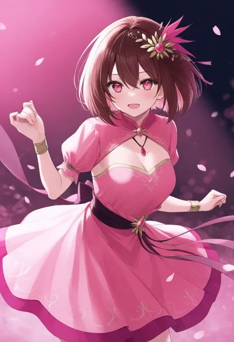 Brown Hair（Strong）Bob　Reddish pink eyes　 pink dress（ Another World　 long　）　　 look over here　 sideways　　 background simple　 Another World