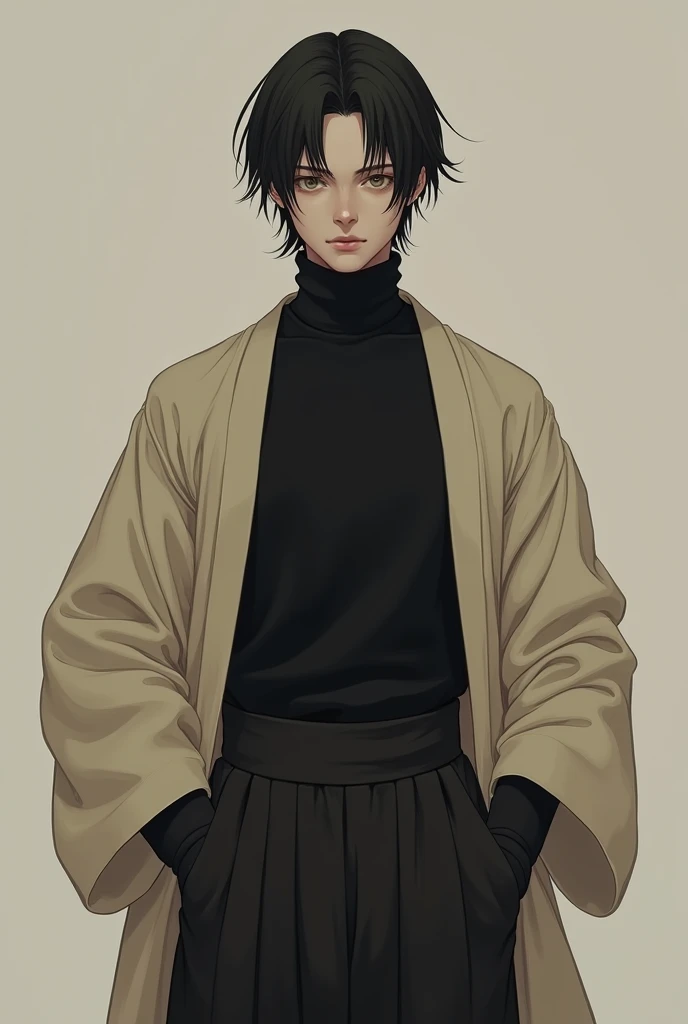 Has a turtle neck clothing, black in color under a sandel colored haori