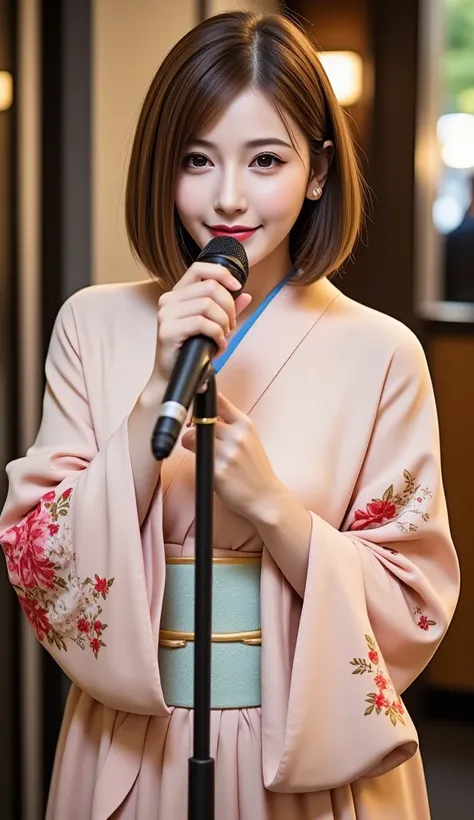 (((Full body photo)))、12Ｋ、ＨＤＲ、 bits deep 10 bits 、((Japan Enka singers))、(  light brown hair )、  random pose to take a picture of the front 、 wearing a kimono 、 microphone、Stage Costumes、ステージで singing、Portrait Style、 singing、