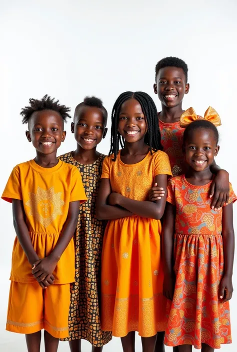 Five ren in Nigeria, boys and girls, smiling on a white background