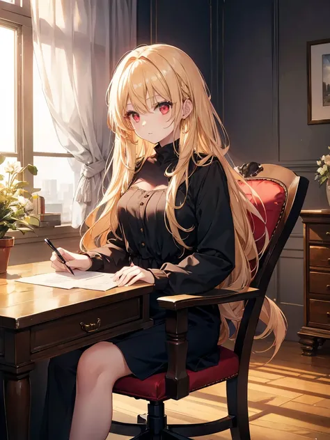 a beautiful young woman, with long Golden hair, red eyes, wearing a casual dress, determined, writing, sitting on chair, room
