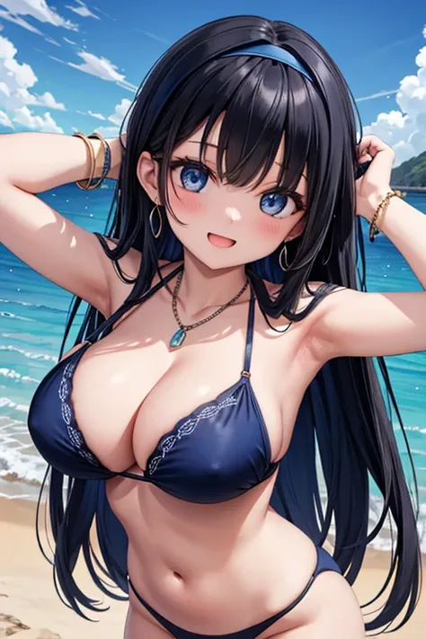  top quality 、 top quality 、masterpiece、 beautiful girls、dark blue long hair、 blue eyes、 Navy Blue Bikinis 、 large cleavage 、(Big Breasts),smile、 Blue Necklace、 blue earrings、background( Beach )、 Please open your mouth wide 、 white headband、 Bracelet 、Put ...