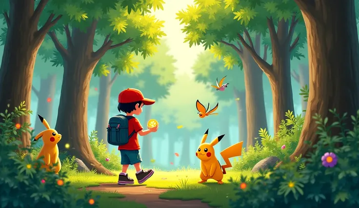 "A lively forest scene where a young Pokémon trainer with a red cap and backpack is walking confidently with Pikachu by their side. Tall trees with vibrant green leaves surround them, and wild Pokémon like Butterfree and Pidgey flutter above. The trainer i...