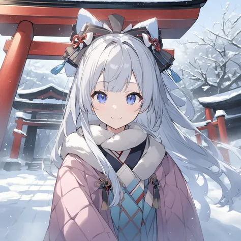 shrine、snow、torii、Long-sleeved kimono、 1 girl,  shortcuts,  blue eyes, Grey Hair,  smiles, 