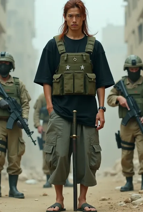 This Japanese man is Kenshin Himura in real world,Long reddish brown hair tied at the back ,Black oversized t-shirt , army green bulletproof vest,Gray 3/4 pants, flip flops,The face is expressionless,Zoom camera, front view,Typical Palestinian war zone rui...