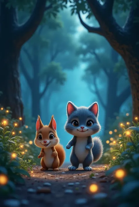 A small, fluffy gray cat named Milo with white paws and a small white patch on his chest, walking through a magical forest at night. Beside him is a lively squirrel named Theo, with light brown fur and a cheerful smile. The forest around them glows softly ...