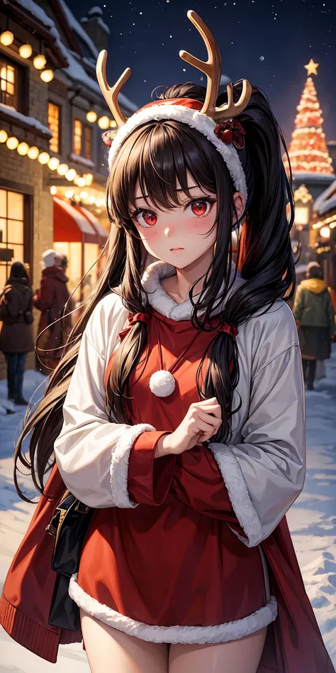 masterpiece:1.2, high quality, best quality, outdoor holiday lights display, christmas tree, reindeer antlers headband, Glaring, reindeer brown kigurumi, reindeer, Red eyes, Long hair, black hair, red colored inner hair:1.2, ponytail, hairs between eyes, s...