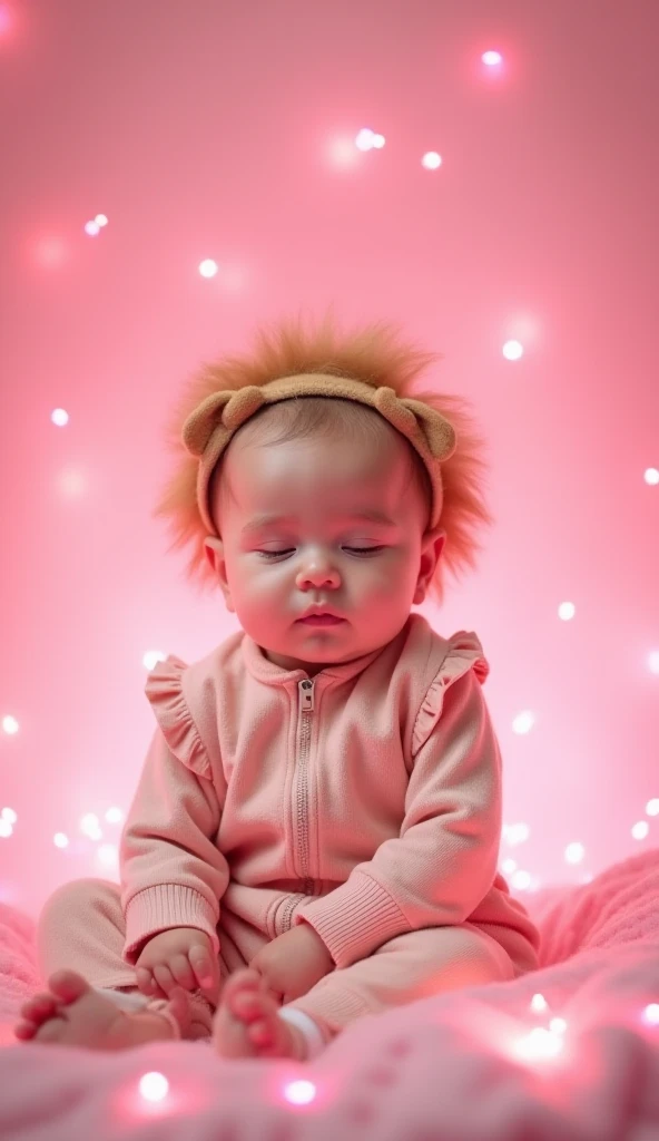 Here’s a prompt for generating the image:

"A cute baby wearing beautiful clothes with a mini lion headband sitting on their head. The baby is surrounded by a soft pink background, with pink lights and light illustrations glowing around both the baby and t...