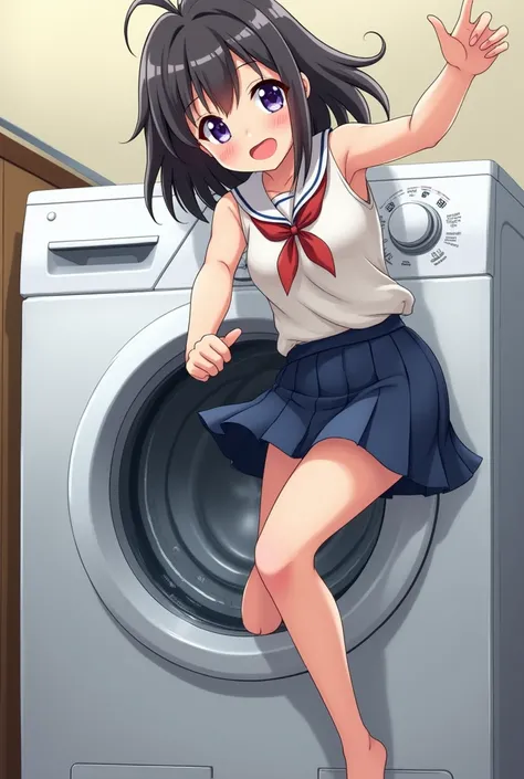 An anime girl in a skirt sticks her foot out of the washing machine and its stuck