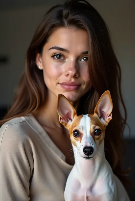 A brunette girl,  25 years, brown eyes with straight long and the stripe of the hair on the right side.  With her a small dog , Podenco style ,  with short white hair with a cinnamon spot on the left eye  