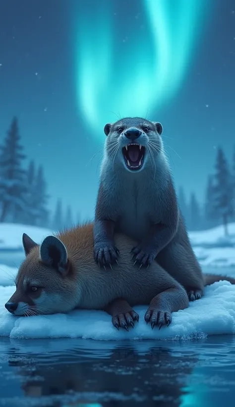 The saber-toothed otter stands atop the defeated hyena, its paw pressing against the hyena’s chest. The hyena lies motionless in the snow, its head tilted to the side. The icy river reflects the otter’s triumphant snarl, framed by a glowing blue aurora ove...