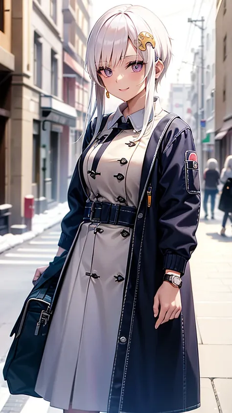 , 1girl, white  hair, short hair, multicolored hair, purple eyes,, , perfect breasts, , wearing a winter jacket, wearing a duffle coat, , wearing a watch, wearing earrings, in public, creatures in tokyo city, being on the street, snow on the street, its sn...