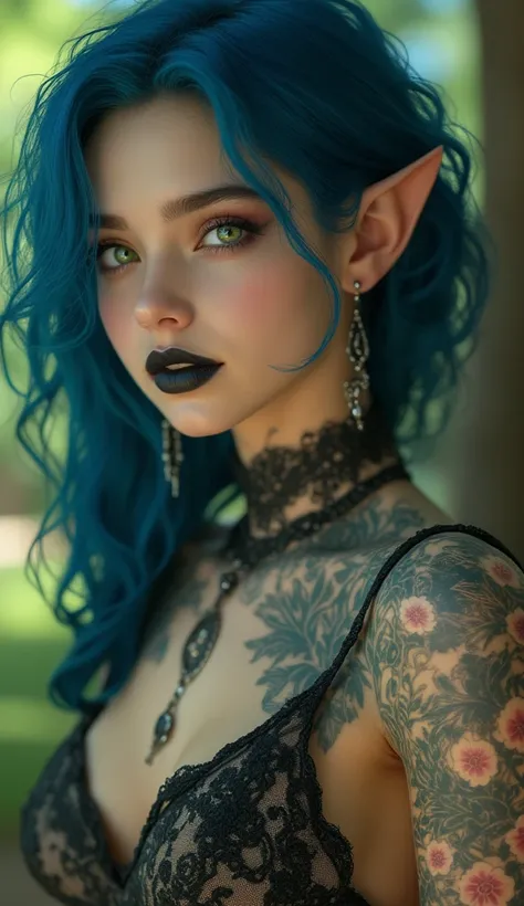 raw photo, close shot of a 18 years old female, blue hair, green eyes, sharp fingernails, elf ears, irezumi tattoos, tattoo sleeve, chest tattoo, neck tattoo, hand tattoo, finger tattoo, facial tattoo, rib tattoo, breast tattoo, stomach tattoo, medium brea...