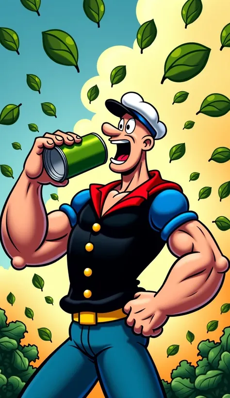 Create an action-packed scene of Popeye eating from a can of spinach. As he eats, spinach flies everywhere in a whirlwind of vibrant greens, blues, and yellows, creating a sense of motion. The colors should be bright and dynamic, with the spinach scatterin...