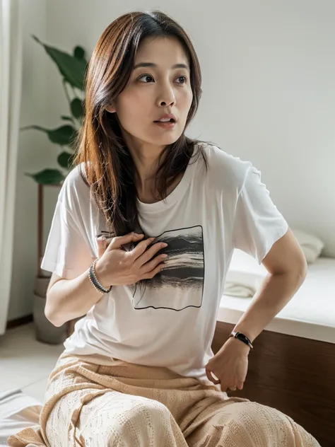 (((kneading own chests,kneading with both hands,kneading over the t-shirt))),w-siiting,Japanese beatiful woman,35 years old,((afraid face)),embarrassed,blush,ecstasy,realistic skin,mouth wide open,wearing White t-shirt,wearing long-skirt,brown medium hair,...