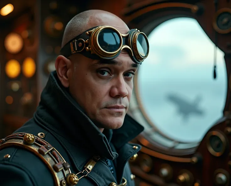 cinematic close up photography of bald man, dark eyes, in steampunk costume, standing on the bridge of an airship, science fiction steampunk style