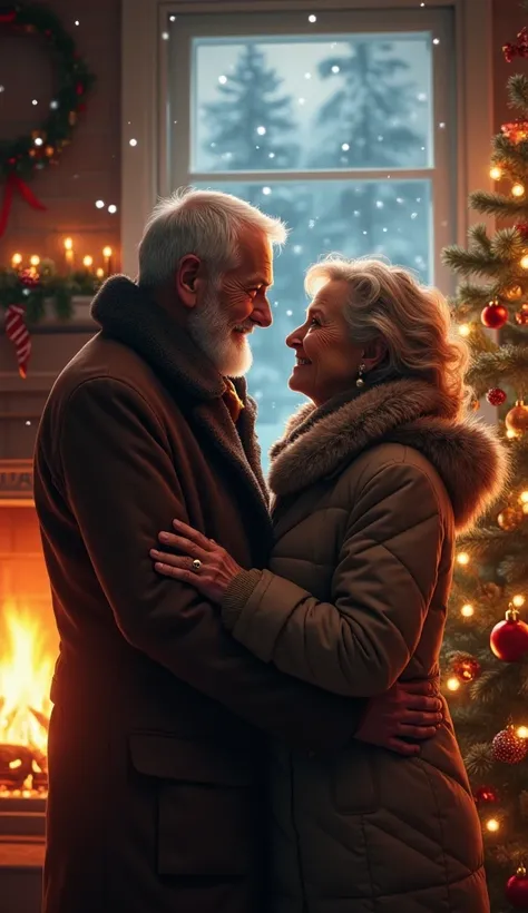 detailed portrait of an old couple, elderly man and woman in winter clothes, holding hands and smiling, warm cozy christmas atmosphere, snowflakes, christmas tree, fireplace, hot chocolate, intricate details, photorealistic, cinematic lighting, dramatic co...