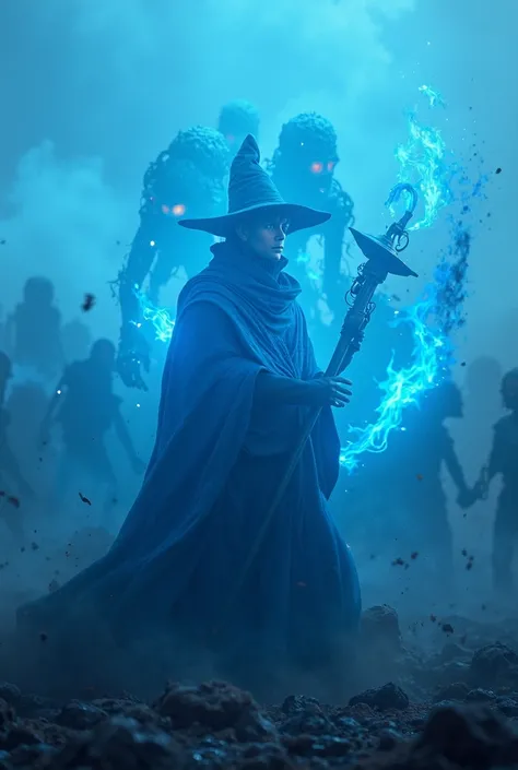 (photorealism:1.2), handsome young wizard,  wearing  deep azure blue outfit wizard with  black turttleneck outfit inside robe, pointy hat blue deep azure blue. , holding  large staff.  a staff with a hanging copper lamp on the end, the lamp is blue fire an...